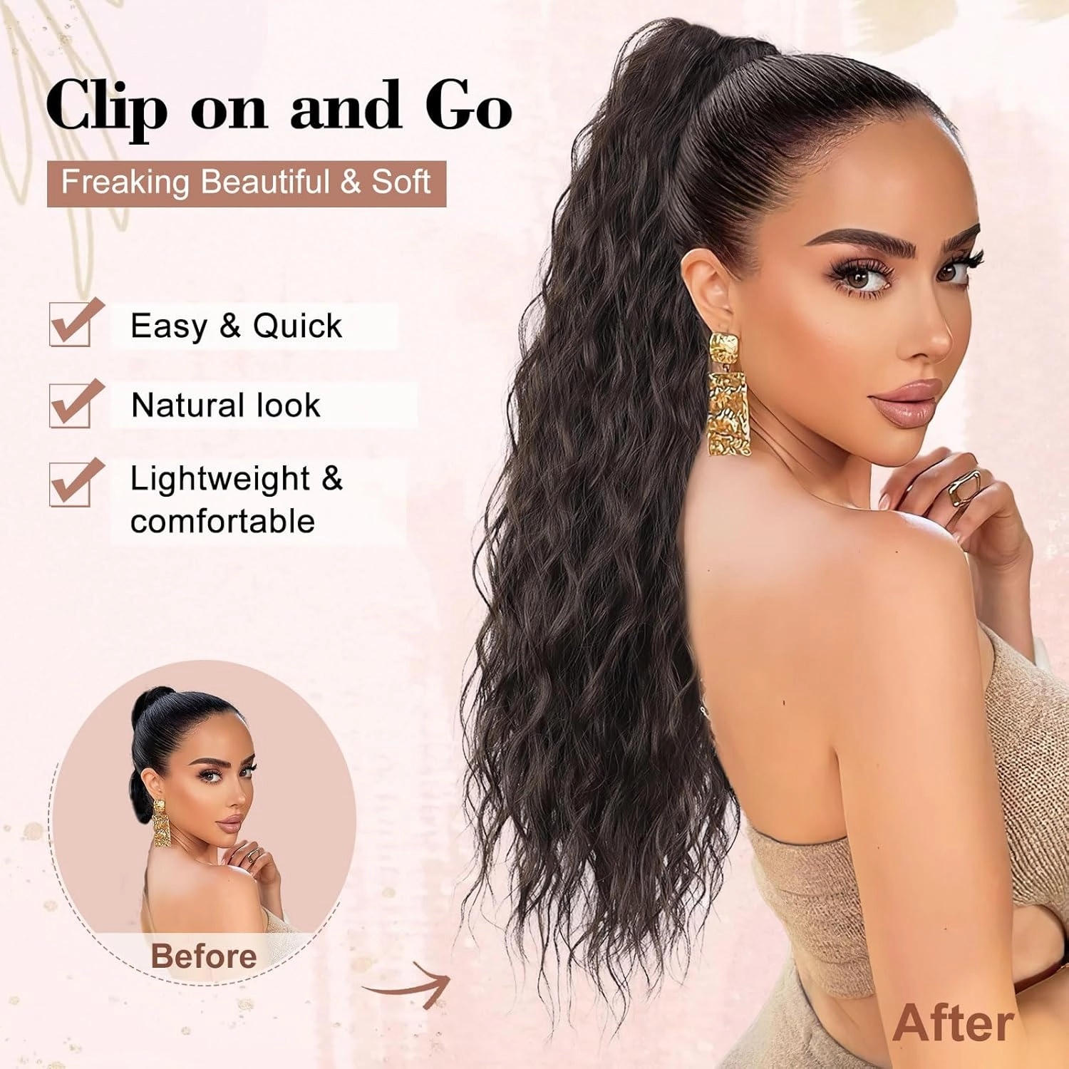 QGZ Dark Brown Ponytail Extension 26 Inch Claw Clip Ponytail Extensions Long Wavy Curly Fluffy Pony Tails Hair Extensions Synthetic Hairpieces for Women