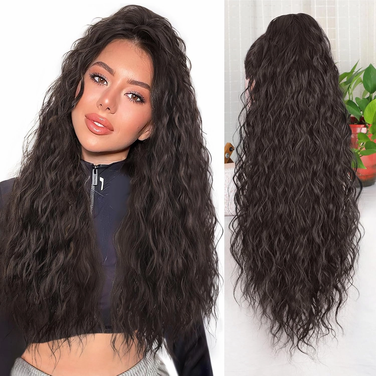 QGZ Dark Brown Ponytail Extension 26 Inch Claw Clip Ponytail Extensions Long Wavy Curly Fluffy Pony Tails Hair Extensions Synthetic Hairpieces for Women