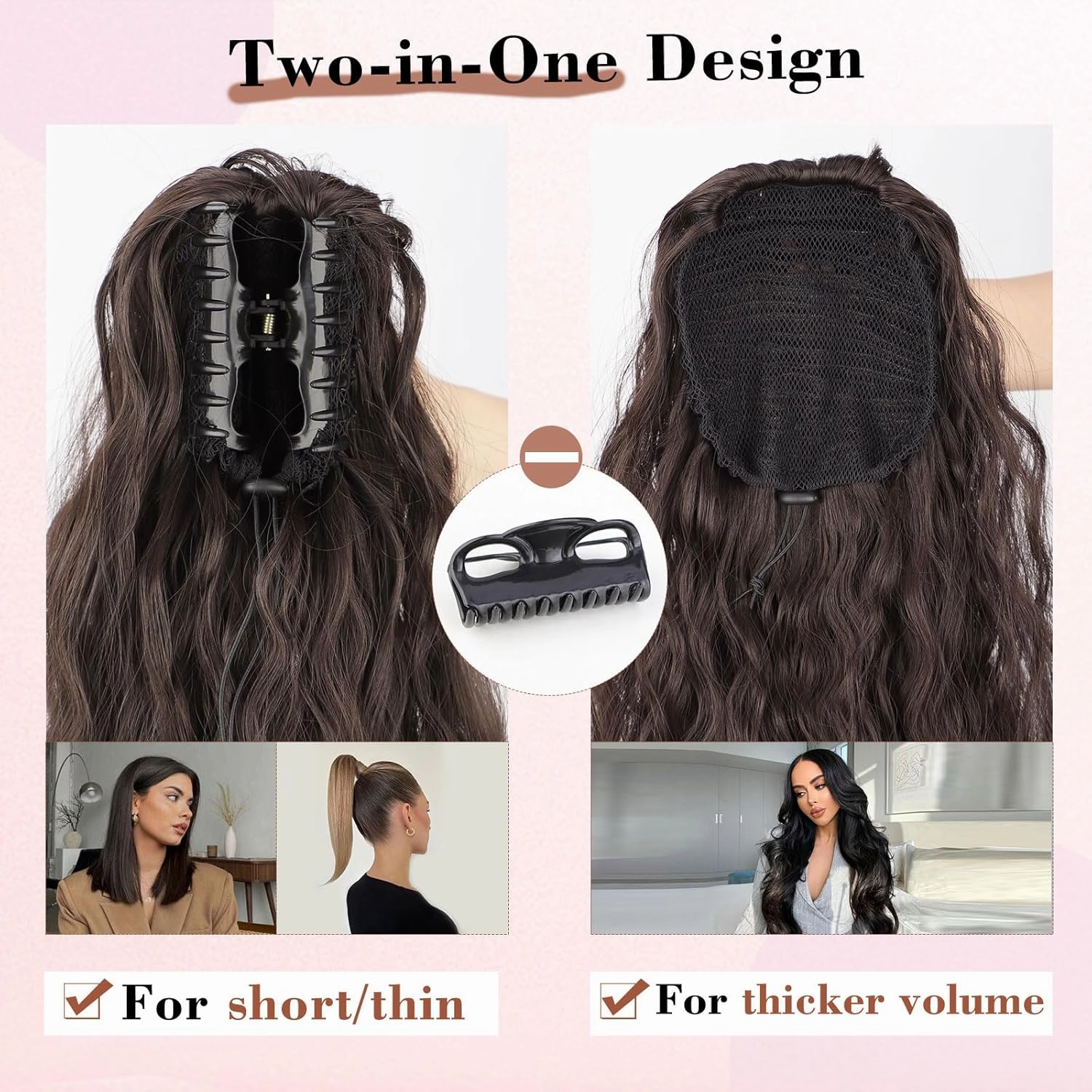 QGZ Dark Brown Ponytail Extension 26 Inch Claw Clip Ponytail Extensions Long Wavy Curly Fluffy Pony Tails Hair Extensions Synthetic Hairpieces for Women