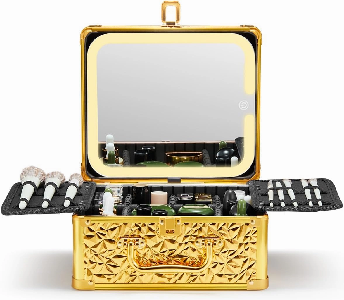 Qislee Makeup Box with A Detachable Lighted Mirror, Waterproof Travel Train Case, Cosmetic Organizer and Makeup Suitcase with Adjustable Dividers, Magnetic LED Mirror (Luxury Gold)