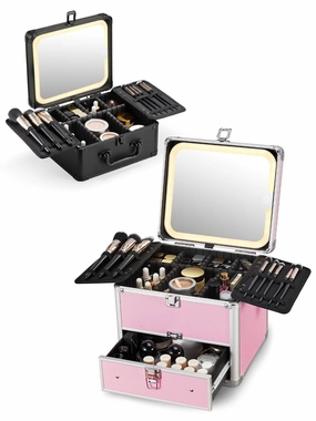 Qislee Makeup Box with Lighted Mirror, Black & Makeup Case with Drawer and Led Mirror,Pink