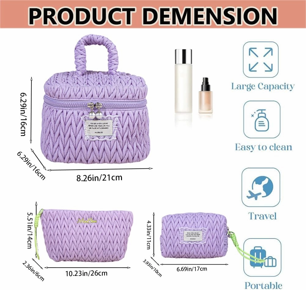 Quilted Makeup Bag Set with Handle, 3 Piece Travel Cosmetic Organizer, Large Capacity Toiletry Cases (Purple)