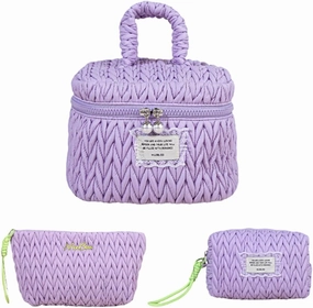Quilted Makeup Bag Set with Handle, 3 Piece Travel Cosmetic Organizer, Large Capacity Toiletry Cases (Purple)