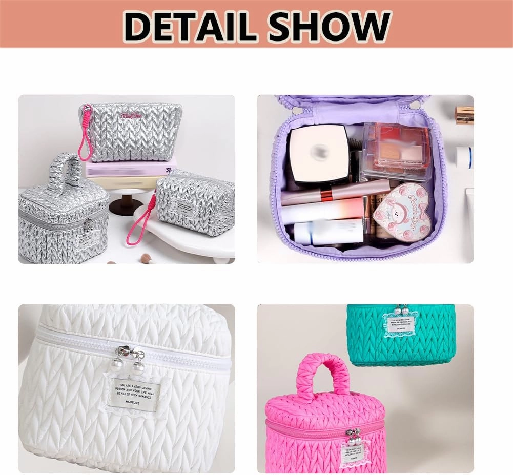Quilted Makeup Bag Set with Handle, 3 Piece Travel Cosmetic Organizer, Large Capacity Toiletry Cases (Purple)