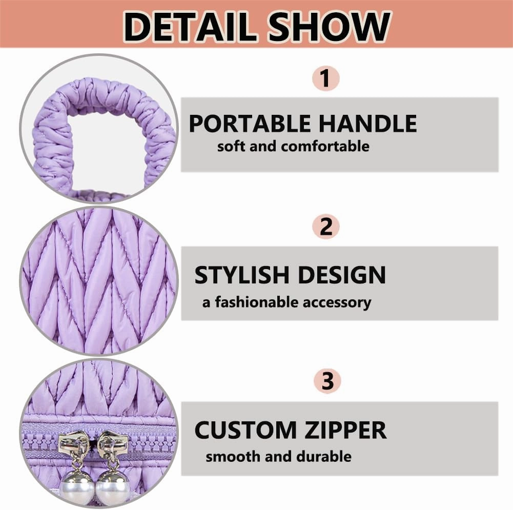 Quilted Makeup Bag Set with Handle, 3 Piece Travel Cosmetic Organizer, Large Capacity Toiletry Cases (Purple)