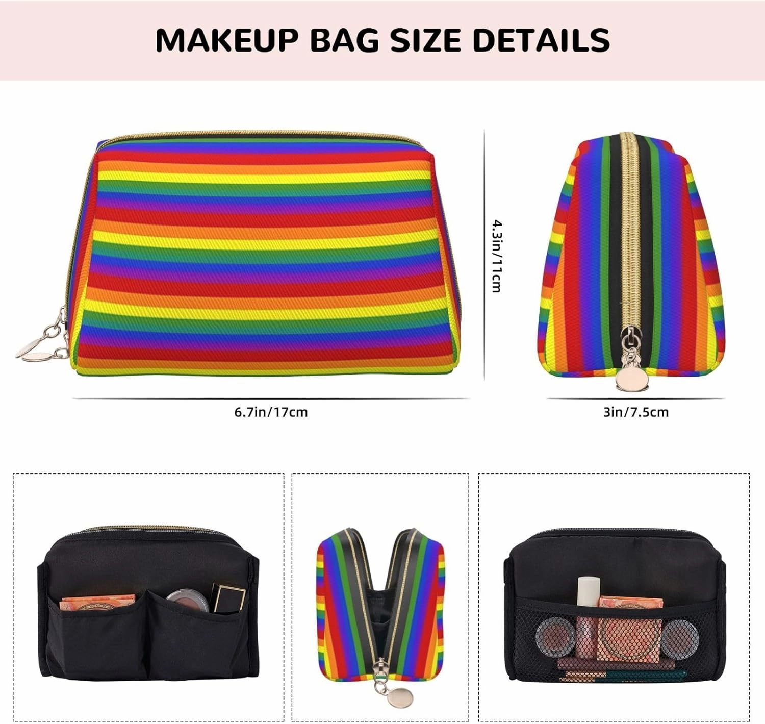 Rainbow Pattern Toiletry Pouch, Travel-Friendly Makeup Organizer For Makeup Brushes, Lipsticks
