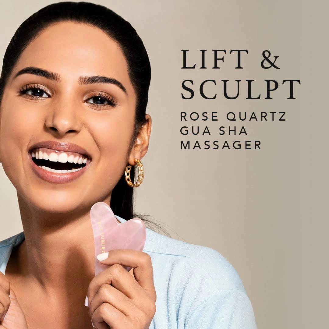 RAS LUXURY OILS Rose Quartz Gua Sha Face Lifting Massager, Facial Tool, Sculpt Jaw Cheek & Eyebrows, Relax Face Muscles, Reduces Puffiness & Wrinkles, Spa Acupuncture, Face Trigger Point Therapy