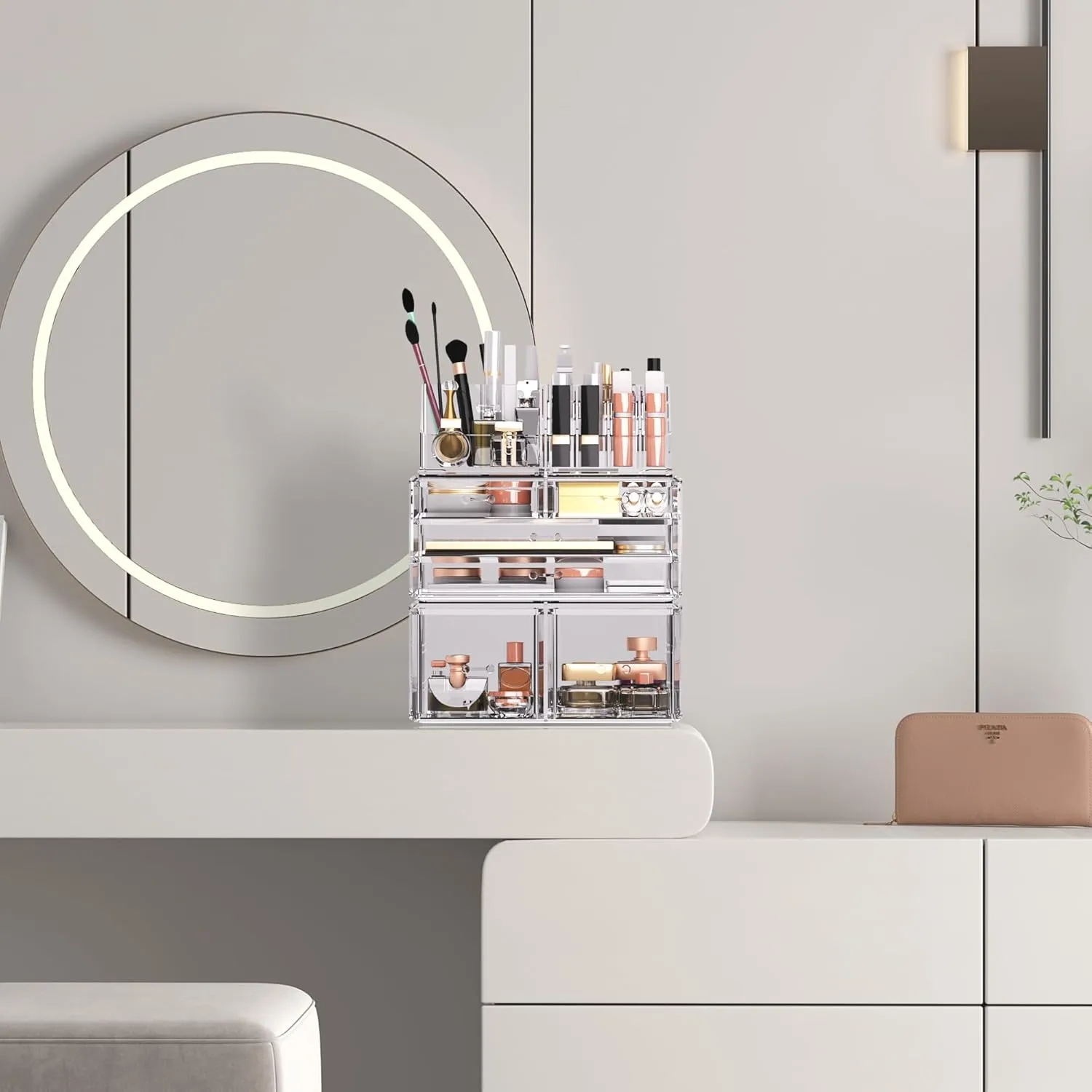 READAEER Makeup Organizer 3 Pieces Cosmetic Storage Case with 6 Drawers (Clear)