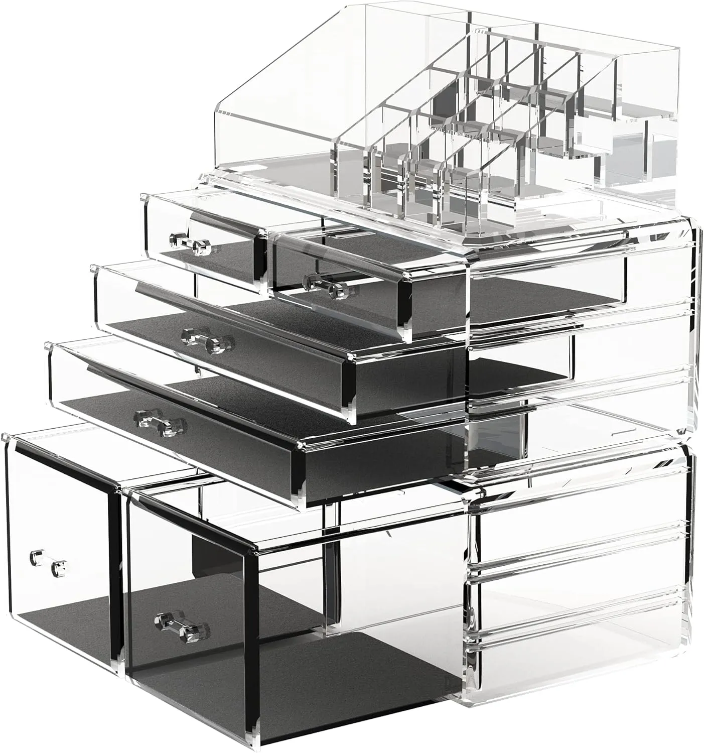 READAEER Makeup Organizer 3 Pieces Cosmetic Storage Case with 6 Drawers (Clear)