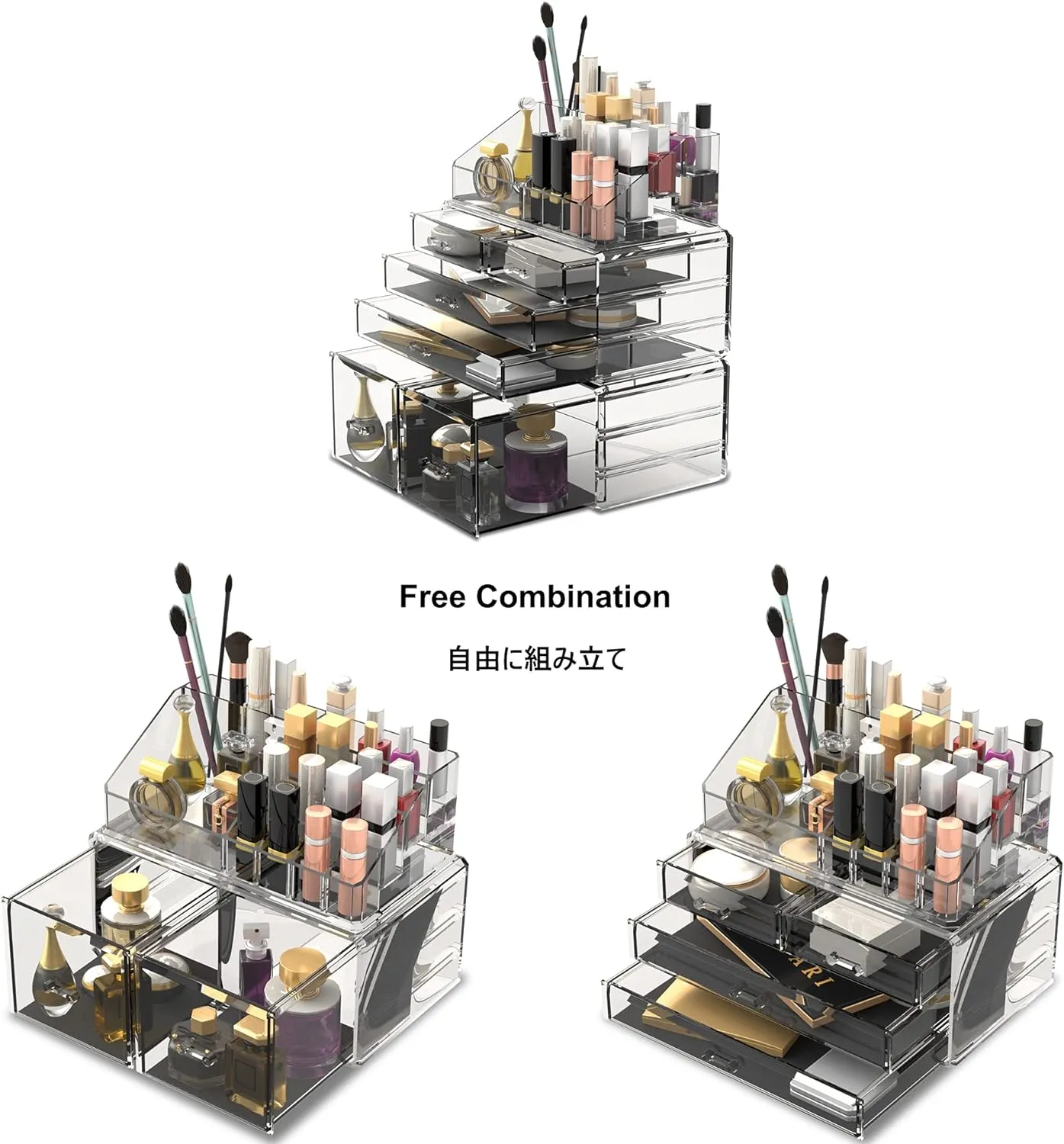 READAEER Makeup Organizer 3 Pieces Cosmetic Storage Case with 6 Drawers (Clear)