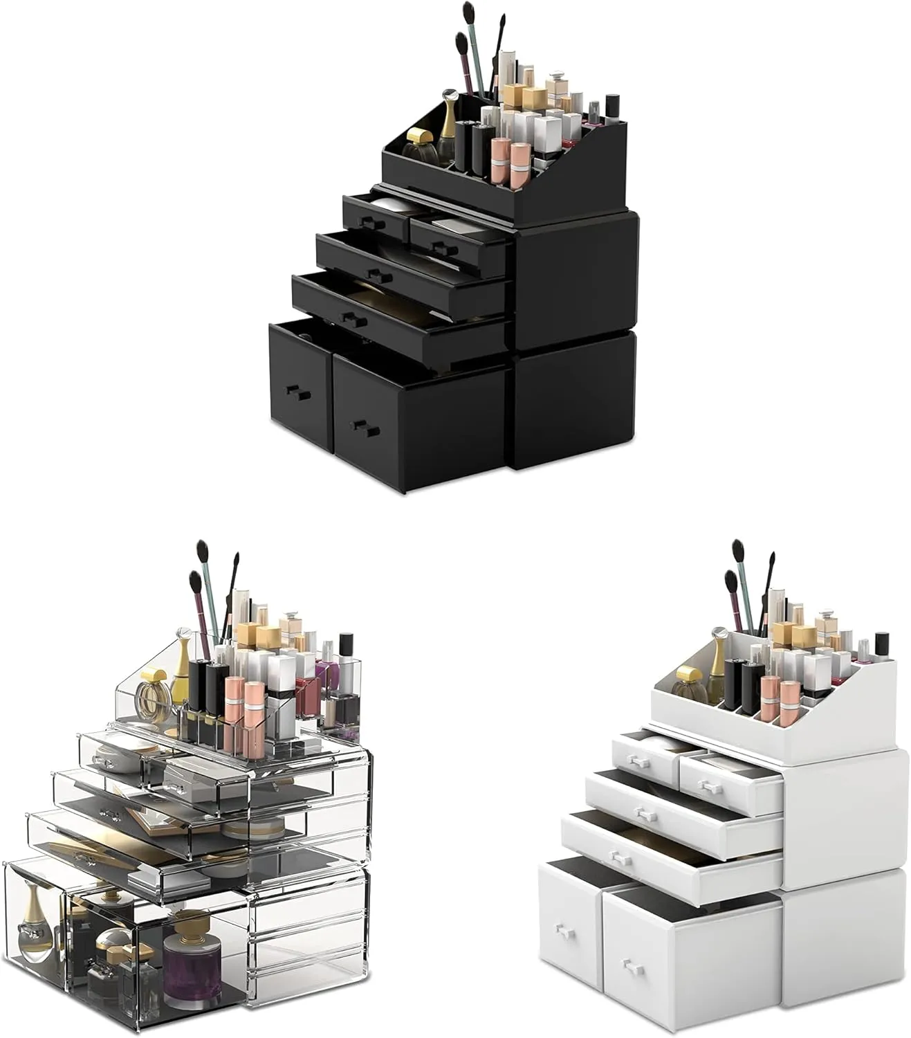 READAEER Makeup Organizer 3 Pieces Cosmetic Storage Case with 6 Drawers (Clear)