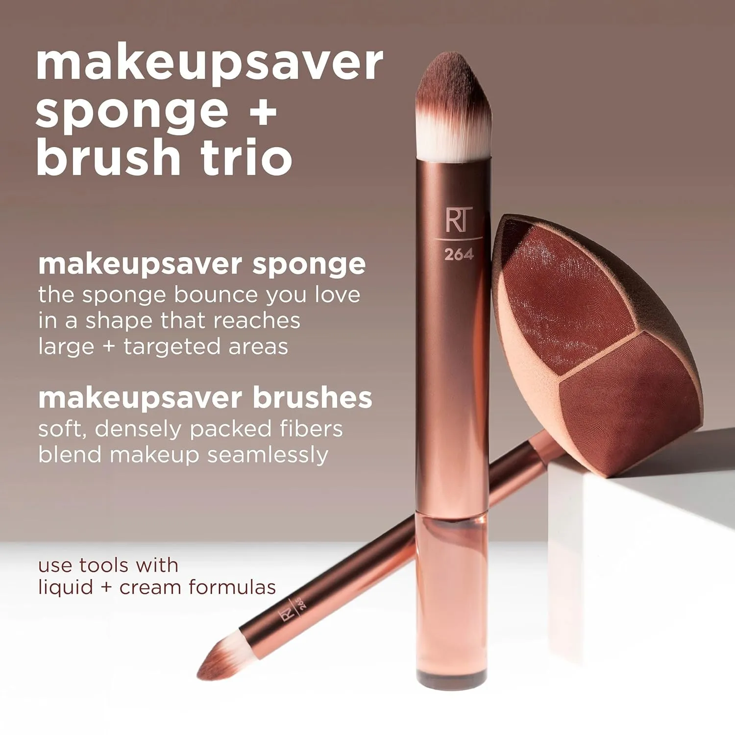 Real Techniques Makeupsaver Sponge   Brush Trio, Makeup Blending Sponge & Brushes For Liquid & Cream Formulations, Natural Finish & Reduces Makeup Waste, Cruelty & Latex-Free 3 Piece Set