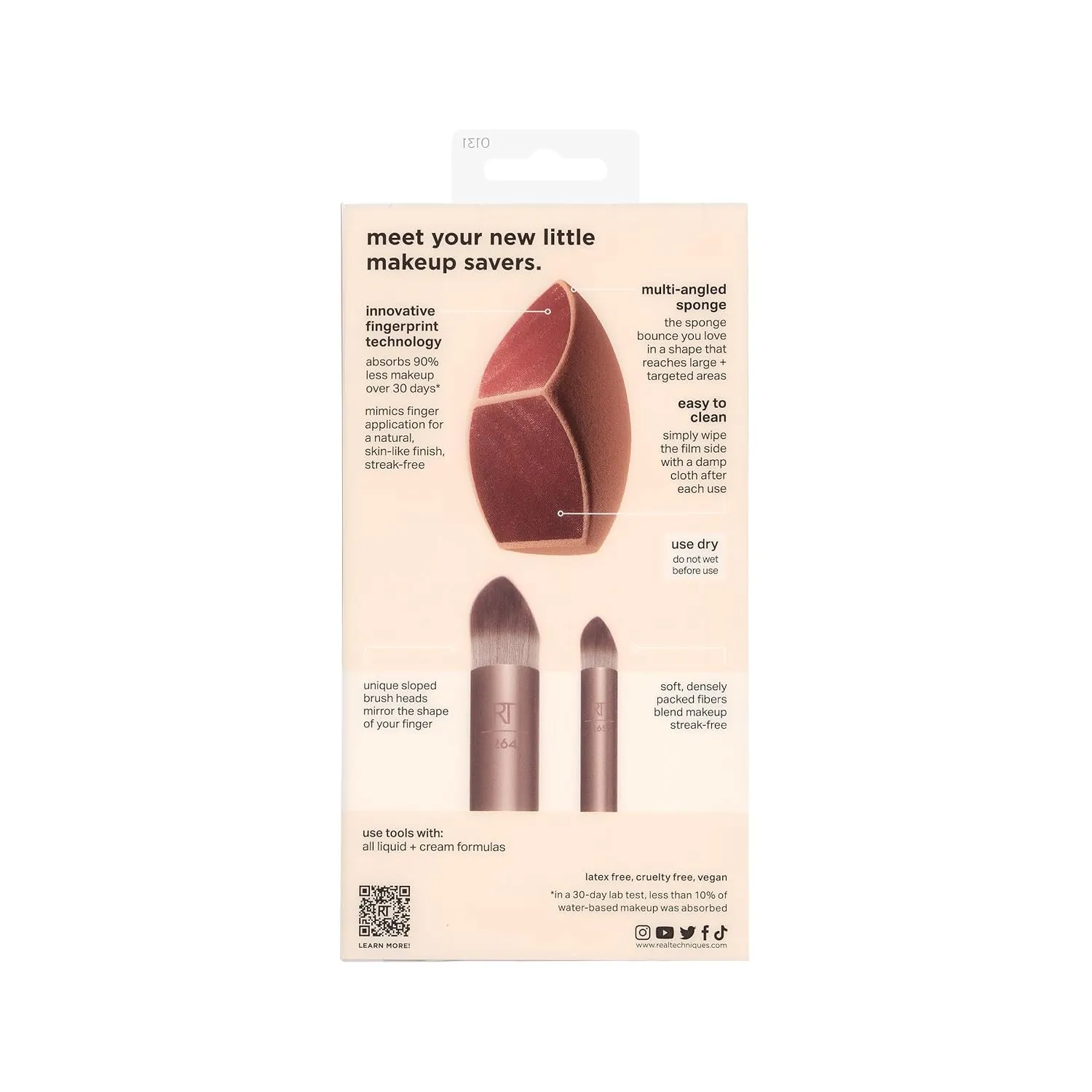 Real Techniques Makeupsaver Sponge   Brush Trio, Makeup Blending Sponge & Brushes For Liquid & Cream Formulations, Natural Finish & Reduces Makeup Waste, Cruelty & Latex-Free 3 Piece Set