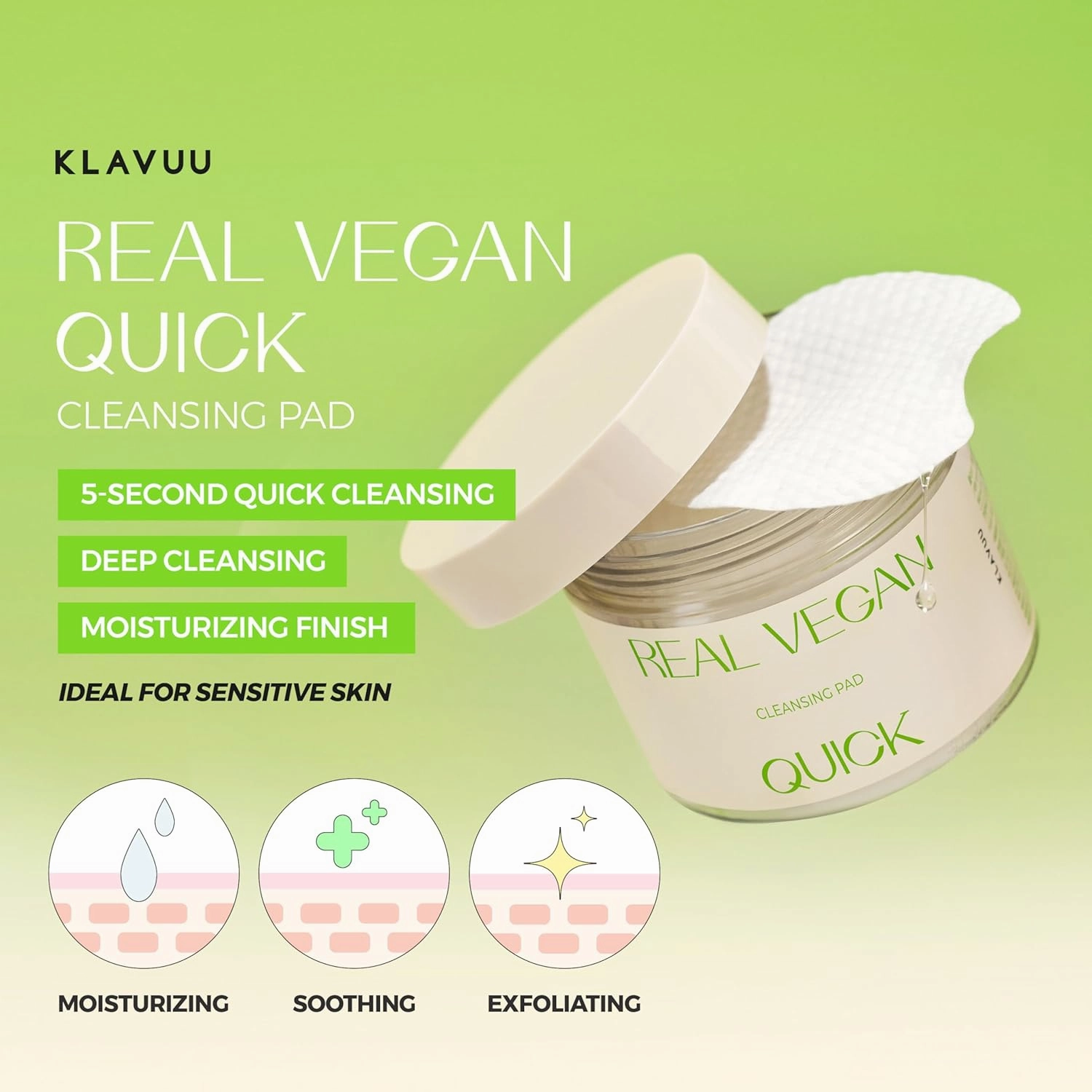 REAL VEGAN QUICK CLEANSING PAD – Gentle Makeup Remover, Deep Pore Cleansing, Soothing & Moisturizing Formula, Hypoallergenic, Ideal for Sensitive Skin – 50counts