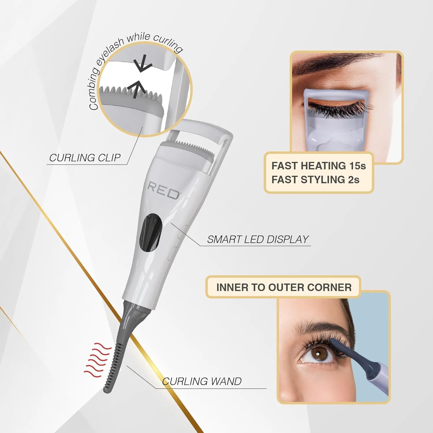 Red by Kiss Dual Heated Eyelash Curler & Wand (2-in-1), Fast Heat Mini Travel Electric Lash Curler with USB-C, Silicone Comb, LED Display, 24 Hours Long Lasting, 3 Heating Mode (White)
