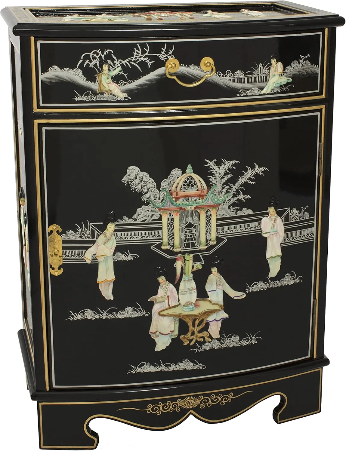 Red Lantern Hand Crafted Artisanal Oval Front Shoe Cabinet, Small, Temple Scene