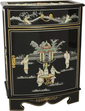 Red Lantern Hand Crafted Artisanal Oval Front Shoe Cabinet, Small, Temple Scene