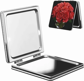 Red Rose 1 Printed Square Pocket Makeup Mirror with 1X/2X Magnification, Portable Mini Travel Makeup Mirror for Travel Daily Work Beauty