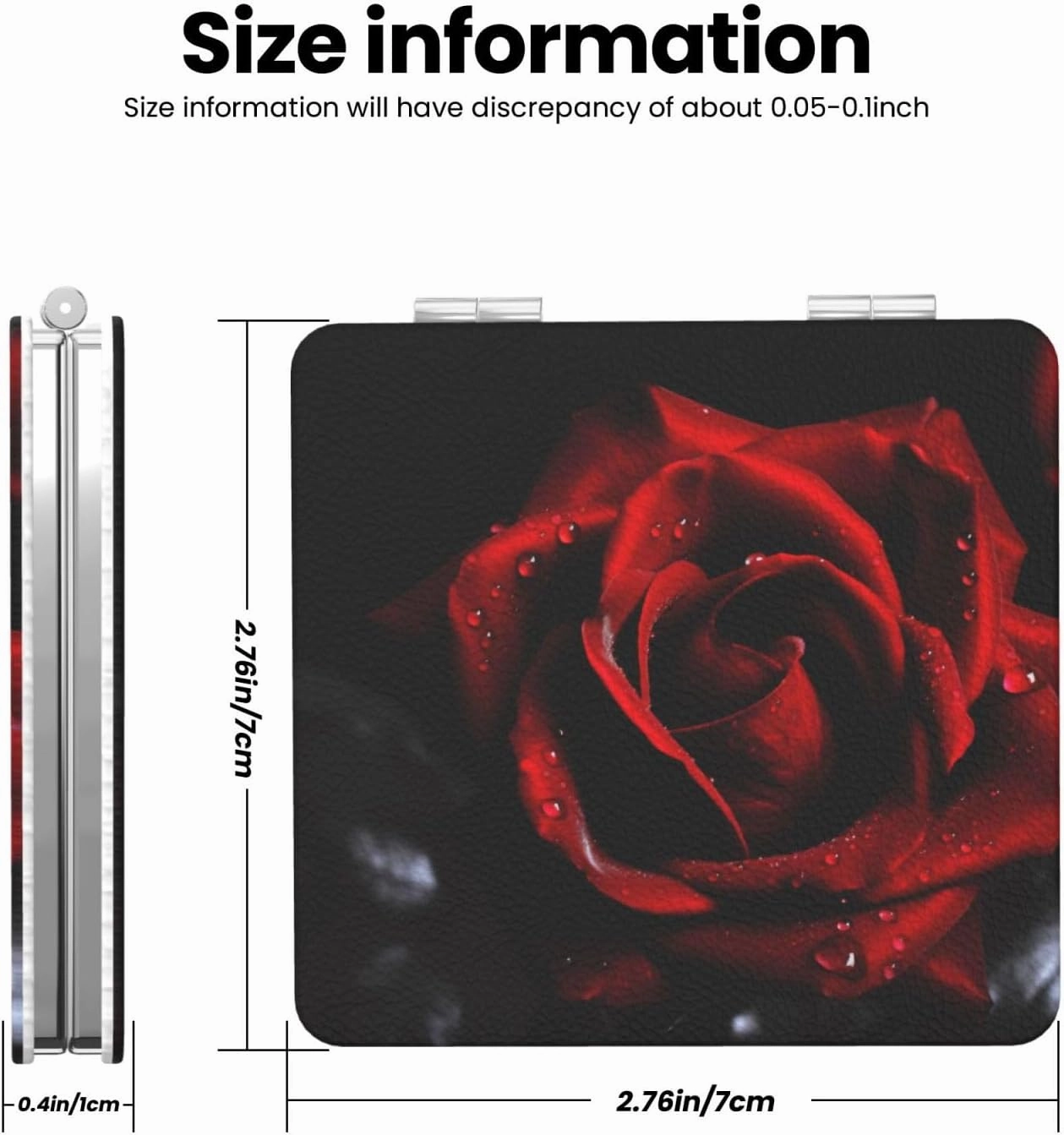 Red Rose Printed Square Pocket Makeup Mirror with 1X/2X Magnification, Portable Mini Travel Makeup Mirror for Travel Daily Work Beauty
