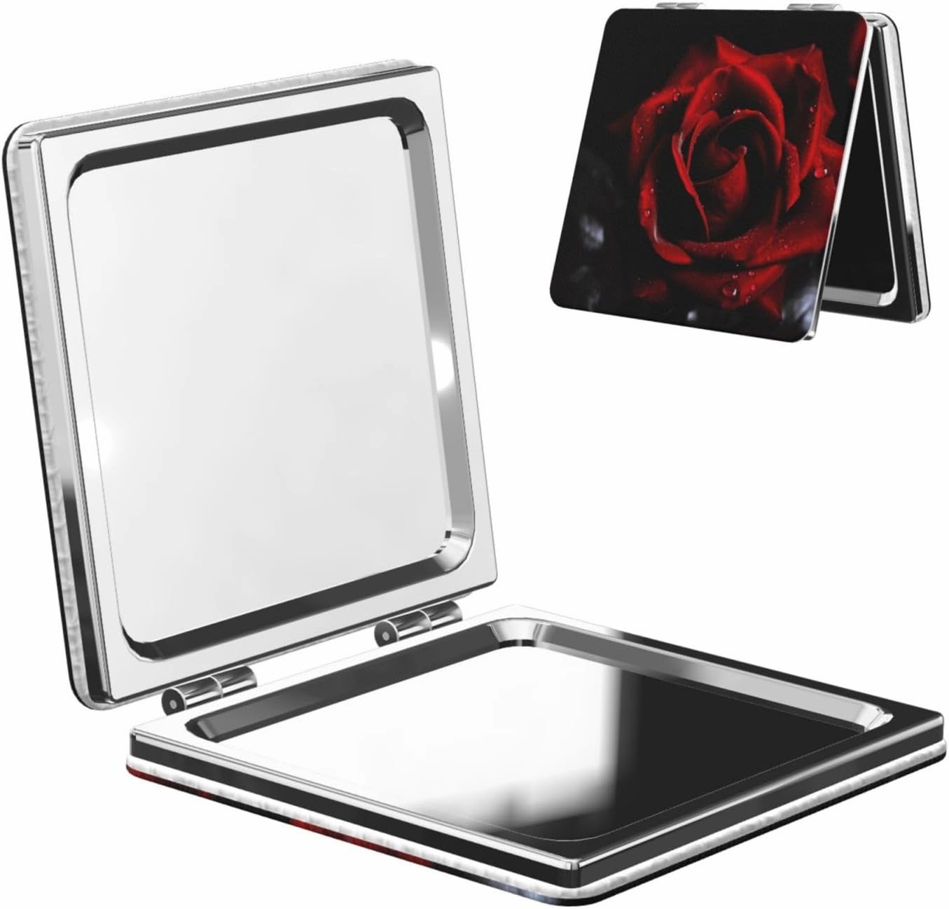 Red Rose Printed Square Pocket Makeup Mirror with 1X/2X Magnification, Portable Mini Travel Makeup Mirror for Travel Daily Work Beauty