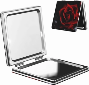 Red Rose Printed Square Pocket Makeup Mirror with 1X/2X Magnification, Portable Mini Travel Makeup Mirror for Travel Daily Work Beauty