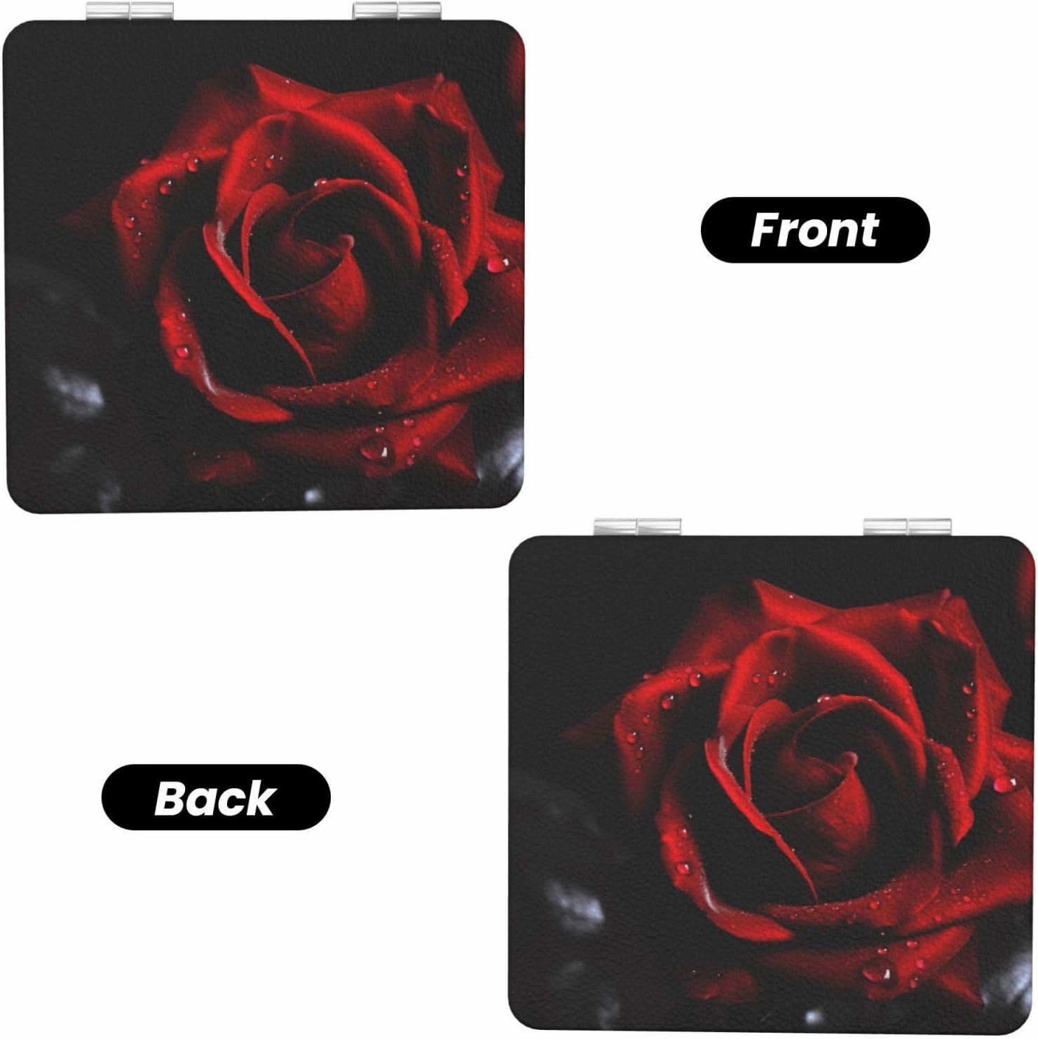 Red Rose Printed Square Pocket Makeup Mirror with 1X/2X Magnification, Portable Mini Travel Makeup Mirror for Travel Daily Work Beauty