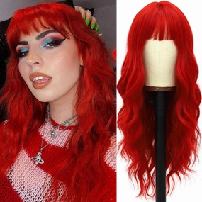 Red Wigs with Bangs Blood Red Body Wave Wig for Women Long Curly Wig with Air Bangs Synthetic Heat Resistent Bright Red Glueless Wig for Daily Party 24 Inch