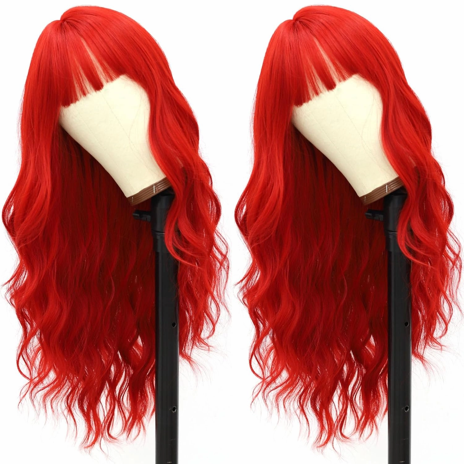 Red Wigs with Bangs Blood Red Body Wave Wig for Women Long Curly Wig with Air Bangs Synthetic Heat Resistent Bright Red Glueless Wig for Daily Party 24 Inch