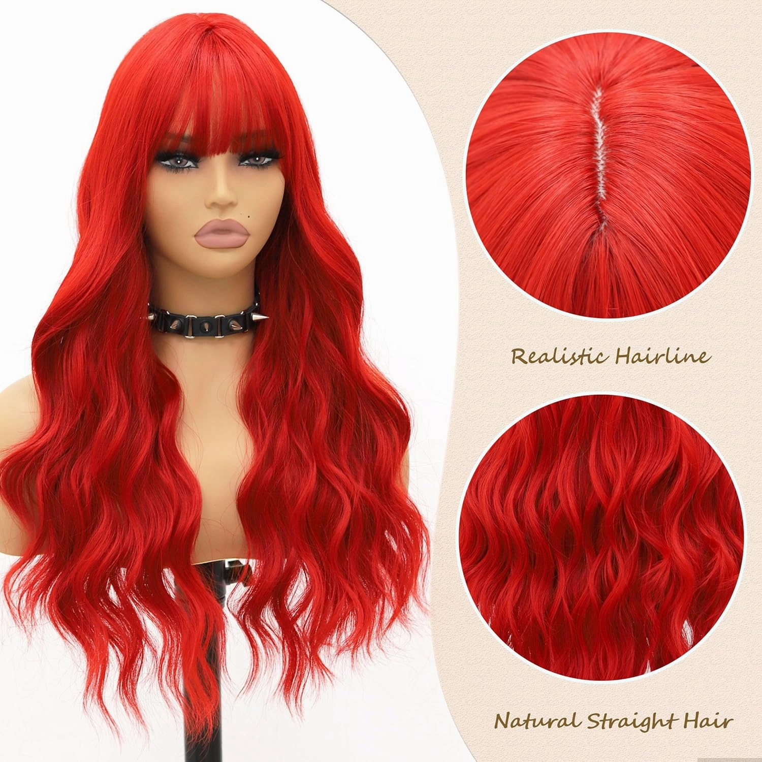 Red Wigs with Bangs Blood Red Body Wave Wig for Women Long Curly Wig with Air Bangs Synthetic Heat Resistent Bright Red Glueless Wig for Daily Party 24 Inch