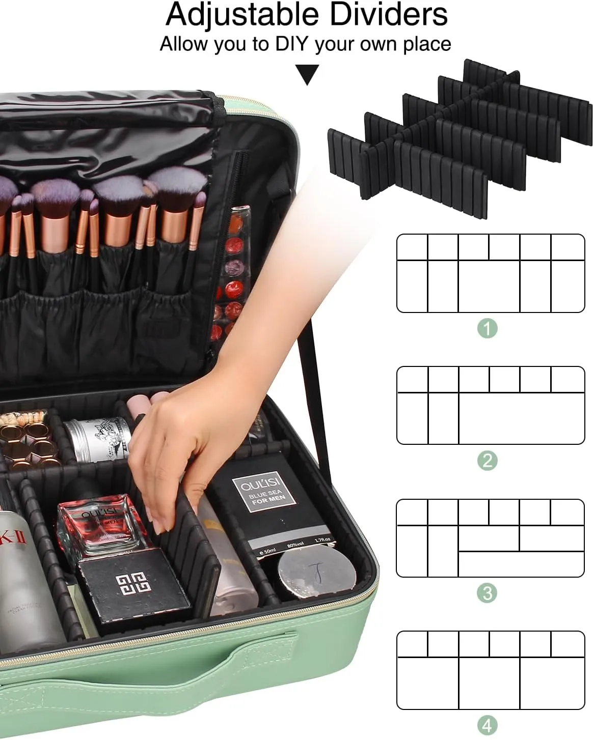 Relavel Makeup Case Large Makeup Bag Professional Train Case Travel Cosmetic Organizer Brush Holder Waterproof Makeup Artist Storage Box, 3 Layer Large Capacity (Green)