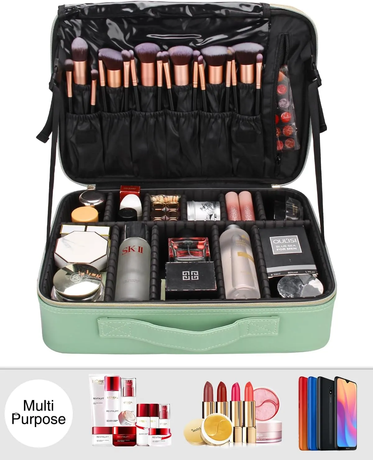 Relavel Makeup Case Large Makeup Bag Professional Train Case Travel Cosmetic Organizer Brush Holder Waterproof Makeup Artist Storage Box, 3 Layer Large Capacity (Green)
