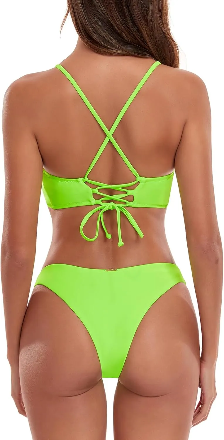 RELLECIGA Womens Bikini Lace Up Cheeky Brazilian Bikini Sets Low-Rise Swimsuits
