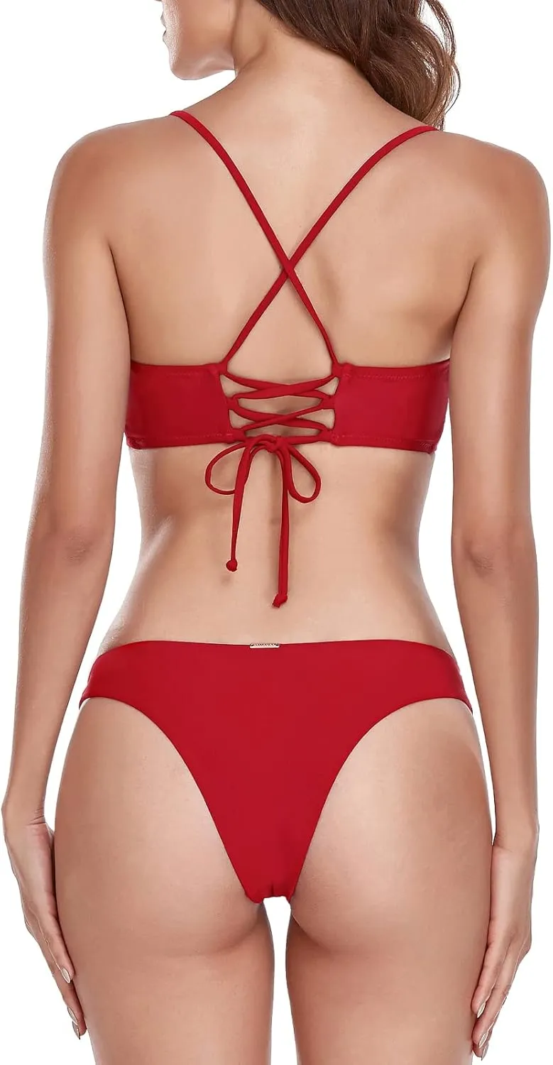 RELLECIGA Womens Bikini Lace Up Cheeky Brazilian Bikini Sets Low-Rise Swimsuits