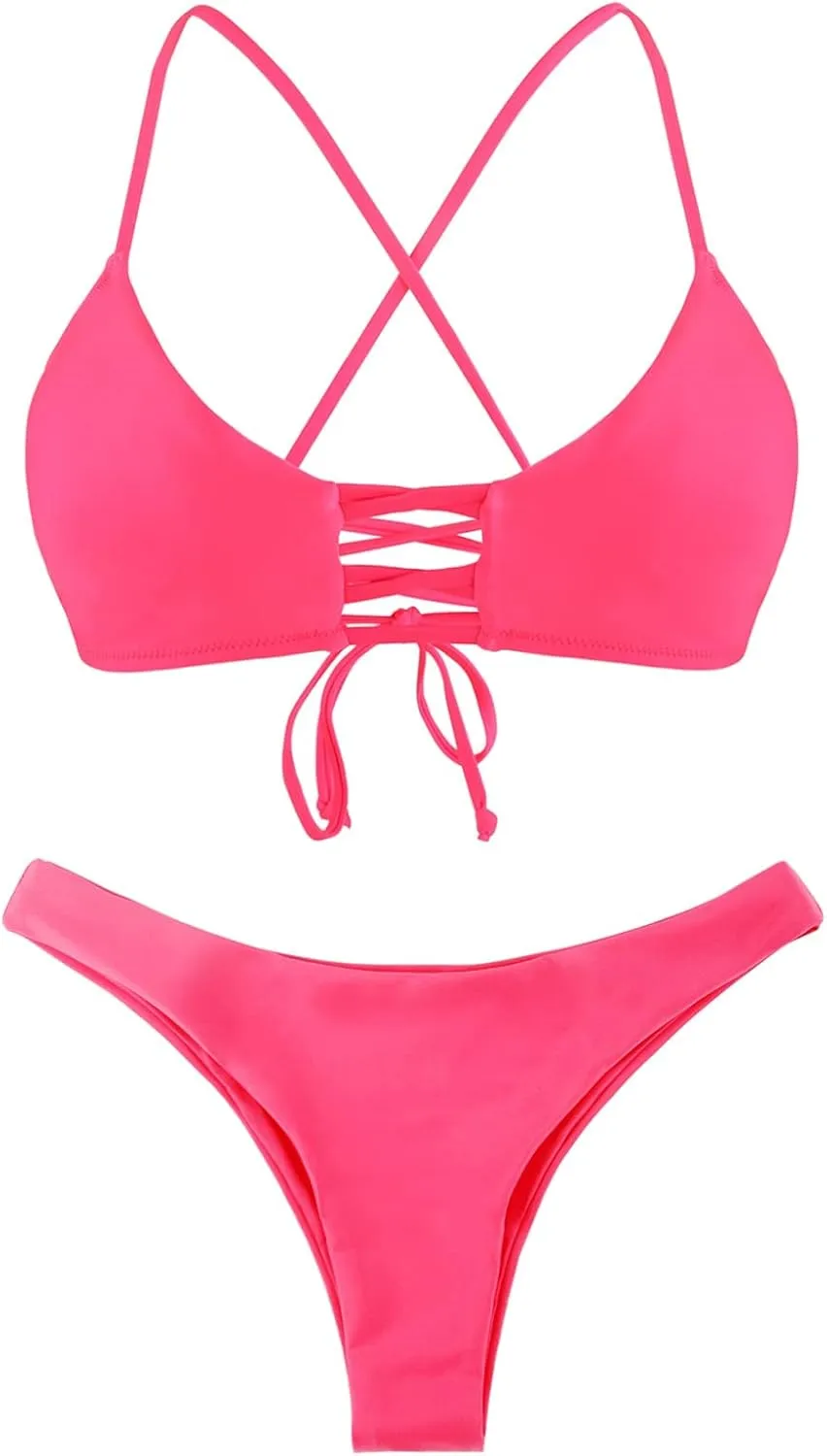 RELLECIGA Womens Bikini Lace Up Cheeky Brazilian Bikini Sets Low-Rise Swimsuits