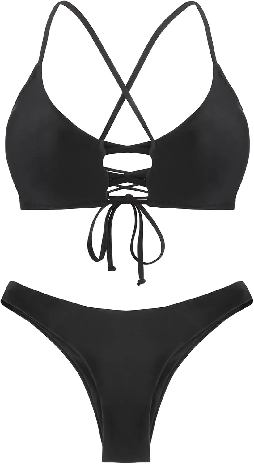 RELLECIGA Womens Bikini Lace Up Cheeky Brazilian Bikini Sets Low-Rise Swimsuits