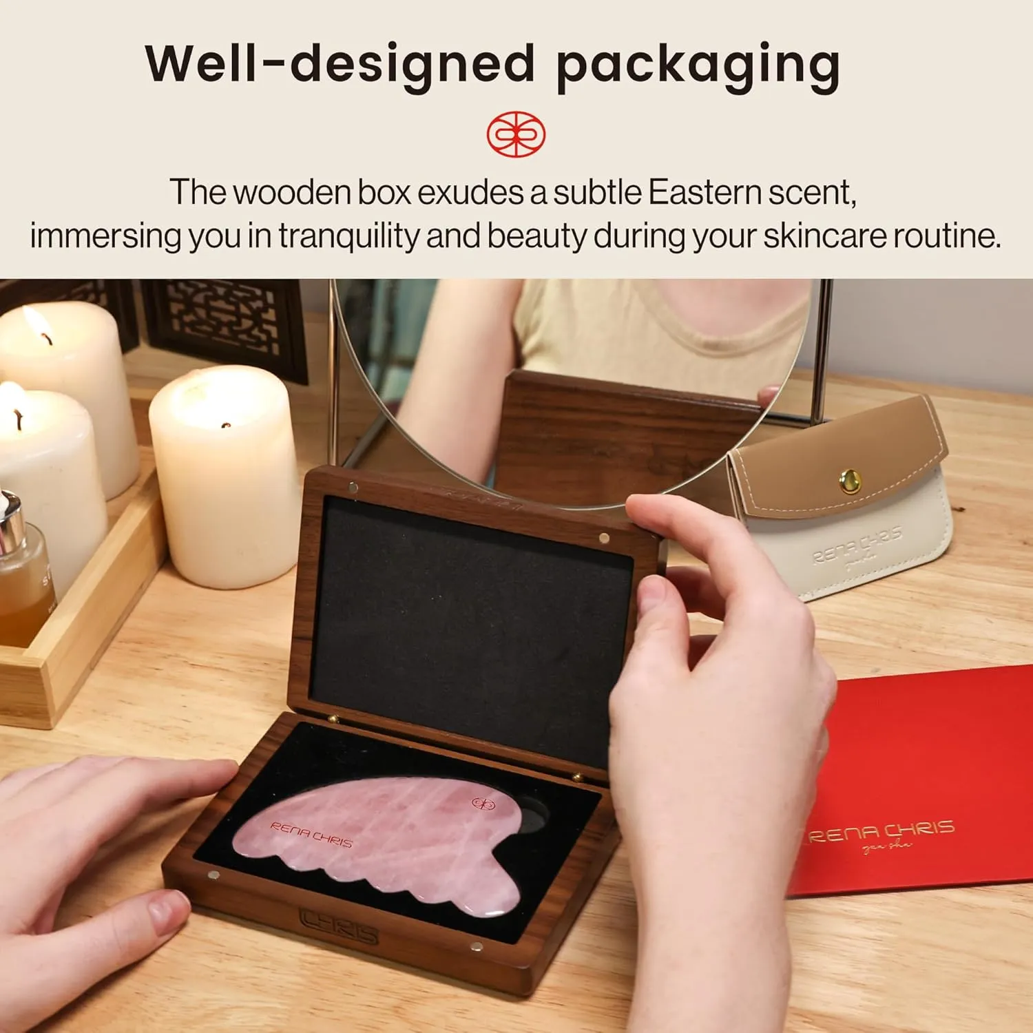 Rena Chris Gua Sha Facial Tool, Natural Rose Quartz Stone Body Gua sha with Exquisite Wooden Box, Large Guasha Suitable for Face Lifting, Puffiness Reducing and Whole-Body Massage, Skin Care Massager