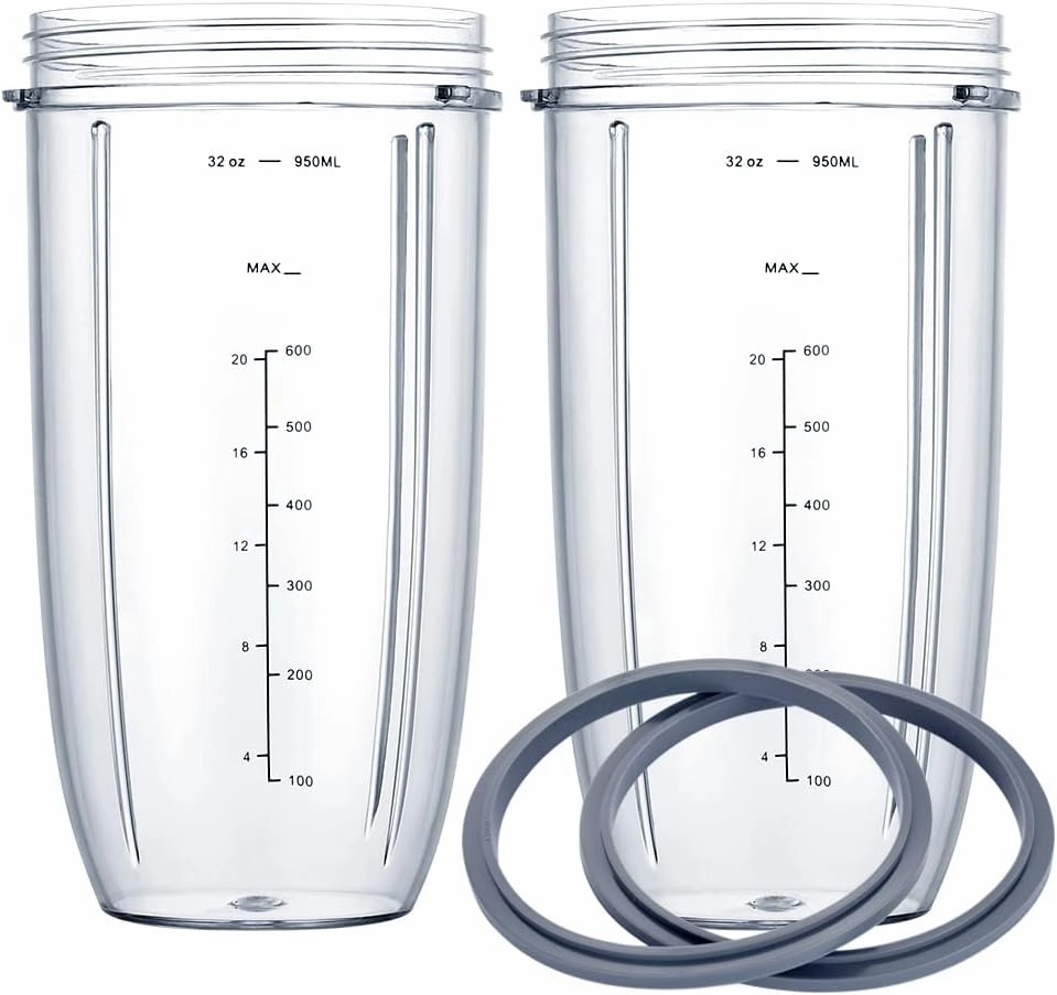 Replacement Cups for Nutribullet Blender, 32OZ Measuring Scale Cups 2 Rubber Gaskets, Compatible with NutriBullet 600W and 900W Blenders (4 PCS)
