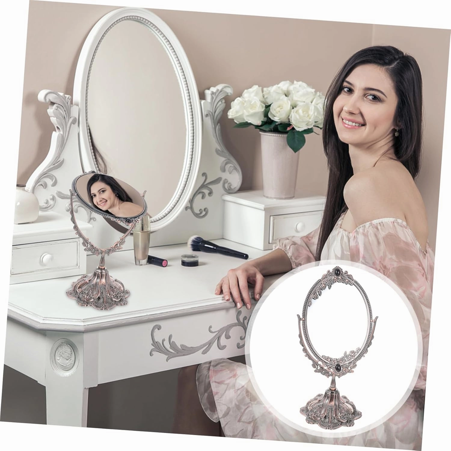 Retro Tabletop Mirror Rotating Stand Makeup Mirror for Desk for Everyday Use