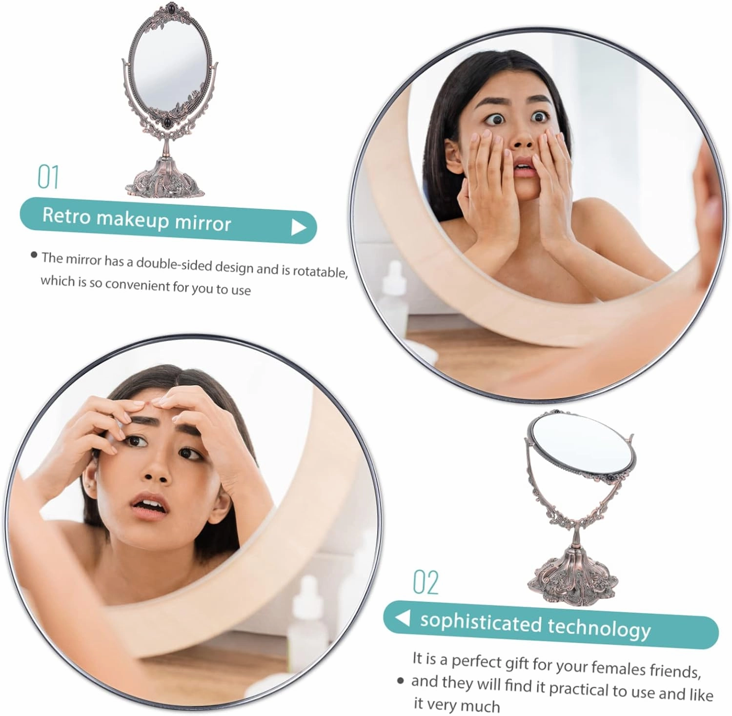 Retro Tabletop Mirror Rotating Stand Makeup Mirror for Desk for Everyday Use