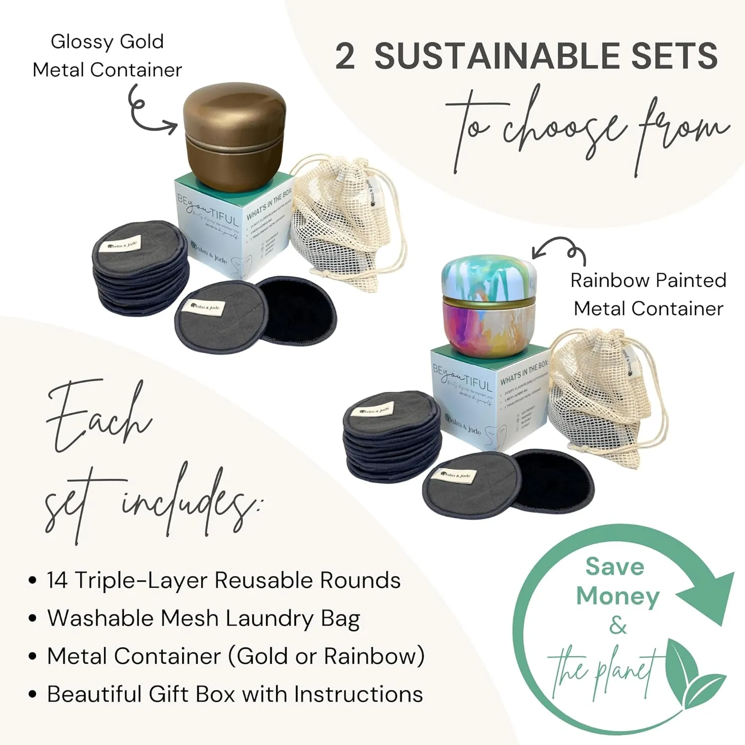 Reusable Cotton Rounds for Face Pads for Toner | Triple-Layer Reusable Makeup Remover Pads with Exfoliating Cotton Rounds Holder & Laundry Bag | Charcoal Bamboo Facial Cloths (Glossy Gold)