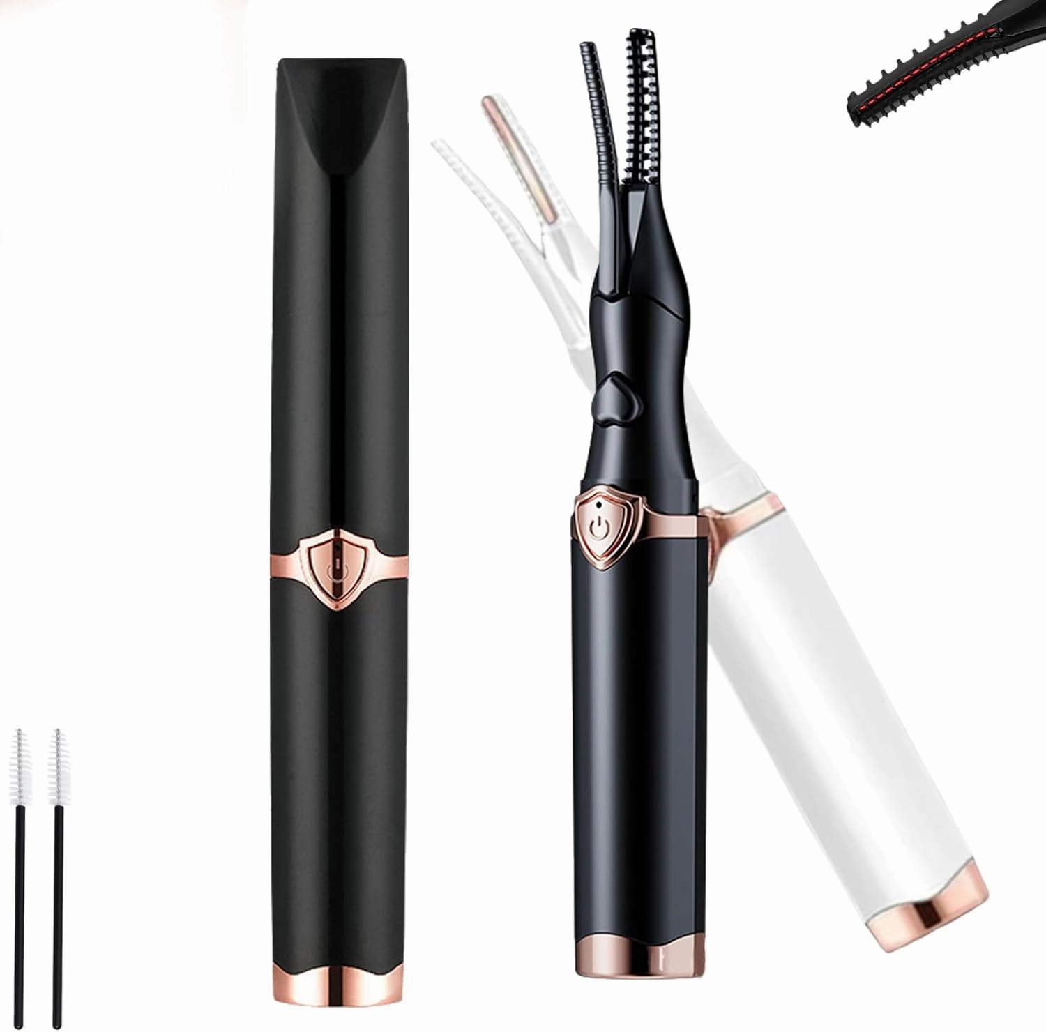 Riki Heated Eyelash Curler, Riki Heated Lash Curler, Curved Heated Eyelash Curle, Lash Curler with Comb, with Three Adjustable Temperature Anti-Burn, 24h Long-Lasting (Black White*2PC)