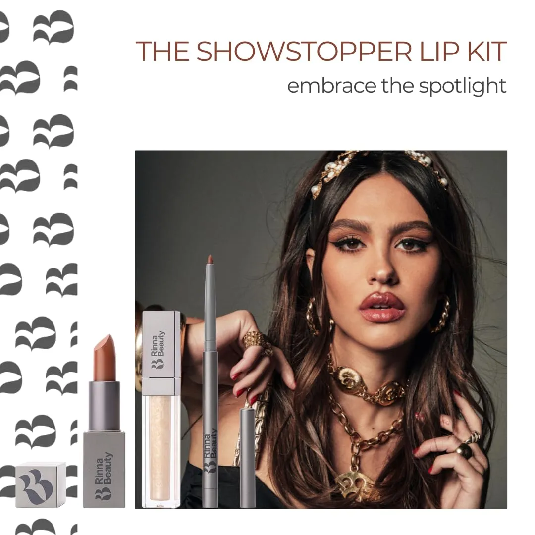 Rinna Beauty Icon Lip Kit - Showstopper- All-in-One Lip Kit Includes Lipstick, Lip Gloss, Lip Liner - Cool Brown look - Vegan, Long-Lasting, Anti-Aging & Moisturizing, Cruelty-Free - 1 each