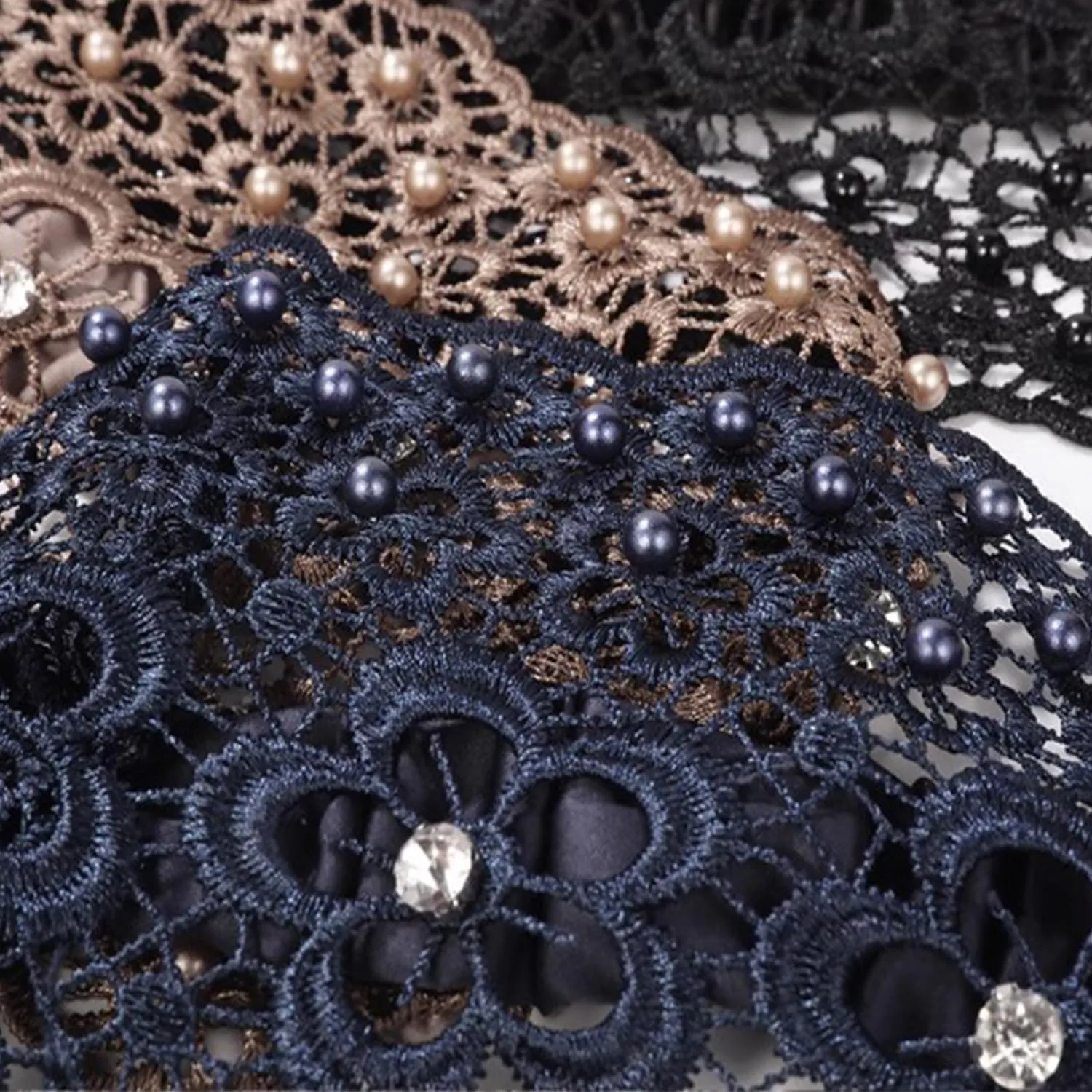 RJDJ 2024 Women's Floral Lace Headwrap, Pearl Embedded, Elegant Breathable Mesh Headband, 2pcs-E, Hair Accessories for Women, High Elastic, One Size Fits Most, Spring Summer