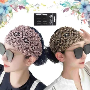RJDJ 2024 Women's Floral Lace Headwrap, Pearl Embedded, Elegant Breathable Mesh Headband, 2pcs-E, Hair Accessories for Women, High Elastic, One Size Fits Most, Spring Summer