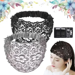 RJDJ 2024 Women's Floral Lace Headwrap, Pearl Embedded, High Elastic Mesh Headband, 2pcs-F, Hair Accessory for Spring Summer Elegant Style