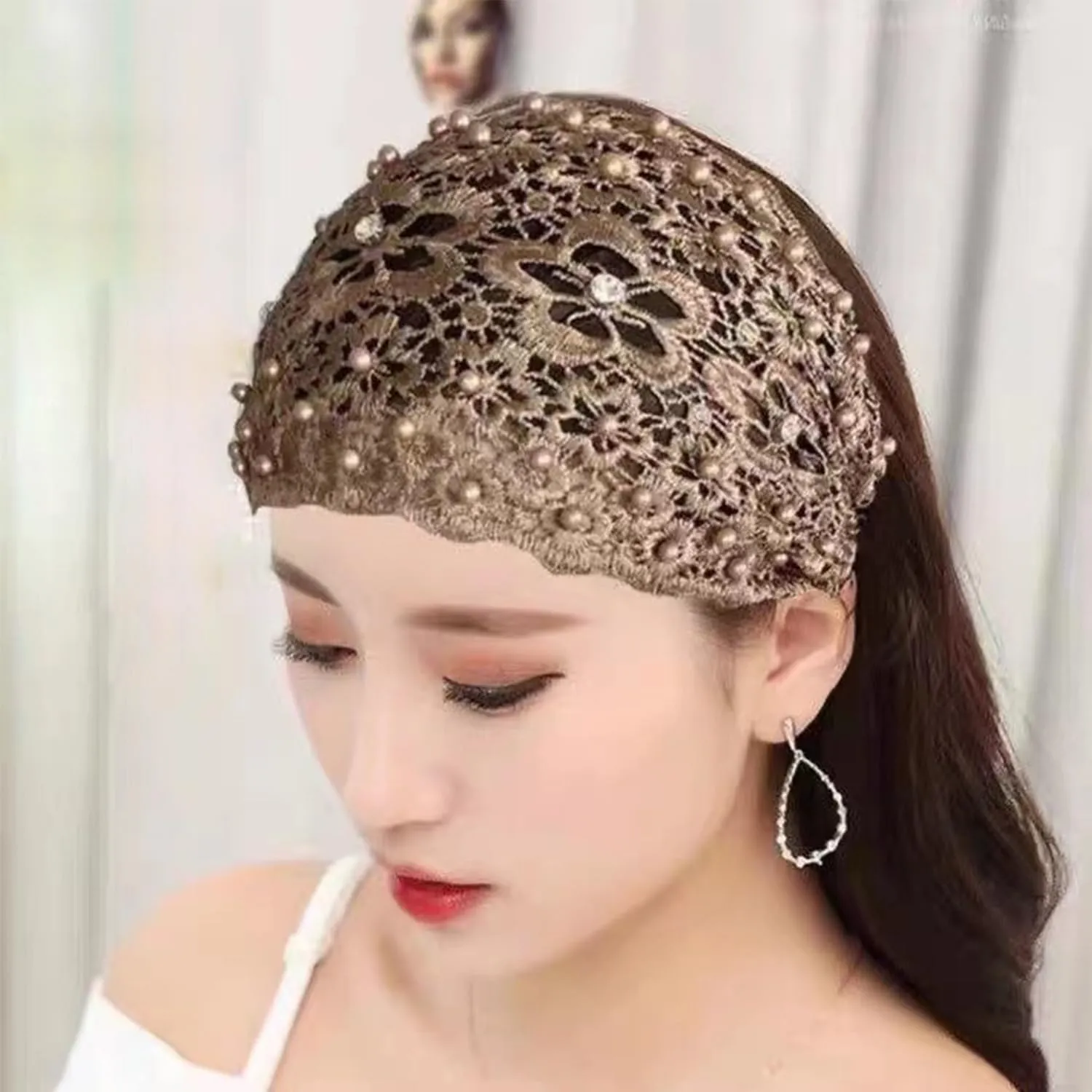 RJDJ 2024 Women's Pearl Embedded Headwrap, Elegant Lace Headband Kerchief, High Elastic Mesh Hair Accessories for Spring Summer (2pcs-C)