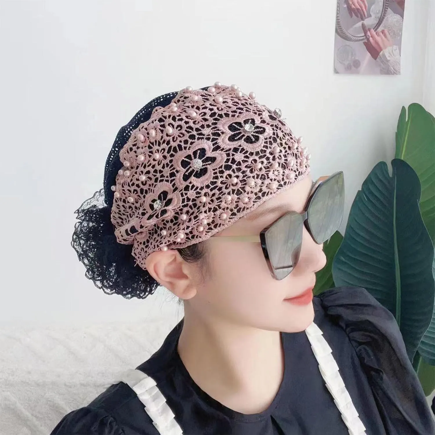 RJDJ 2024 Women's Pearl Embedded Headwrap, Elegant Lace Headband Kerchief, High Elastic Mesh Hair Accessories for Spring Summer (2pcs-C)