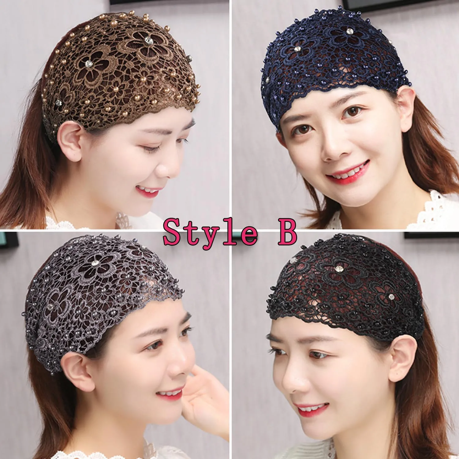 RJDJ 2024 Women's Pearl Embedded Headwrap, Elegant Lace Headband Kerchief, High Elastic Mesh Hair Accessories for Spring Summer (2pcs-C)