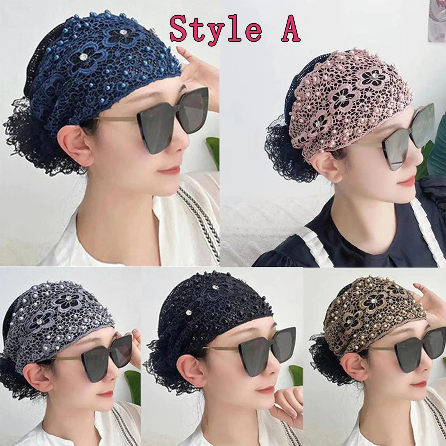 RJDJ 2024 Women's Pearl Embedded Headwrap, Elegant Lace Headband Kerchief, High Elastic Mesh Hair Accessories for Spring Summer (2pcs-C)