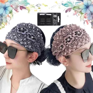 RJDJ Women's Floral Lace Headband, Pearl Embedded, Lace Headbands for Women, High Elastic Mesh Headwrap, Spring Summer Hair Accessories (2pcs-A)